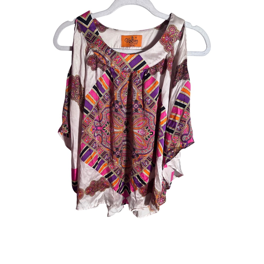 Voom by Joy Han Womens Pink Paisley Scarf Print Cold Shoulder Blouse Small USA